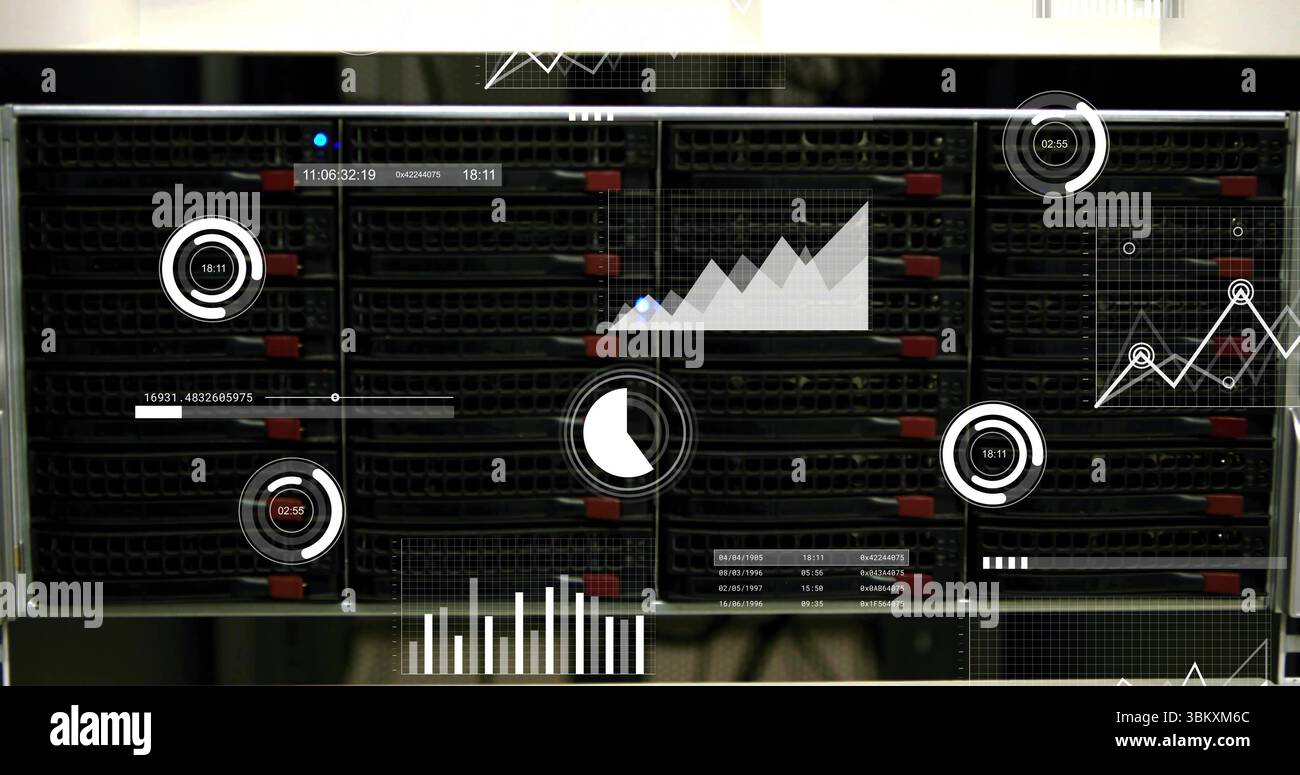 Displaying blade server rack with red locking tabs and data visualization overlay in server room Stock Photo