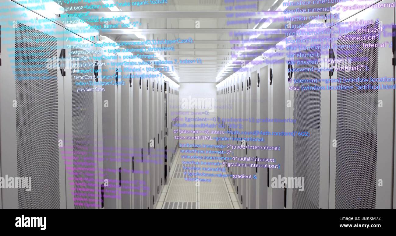 Displaying central server cabinets under LED lights above raised floor vents, with code overlay Stock Photo