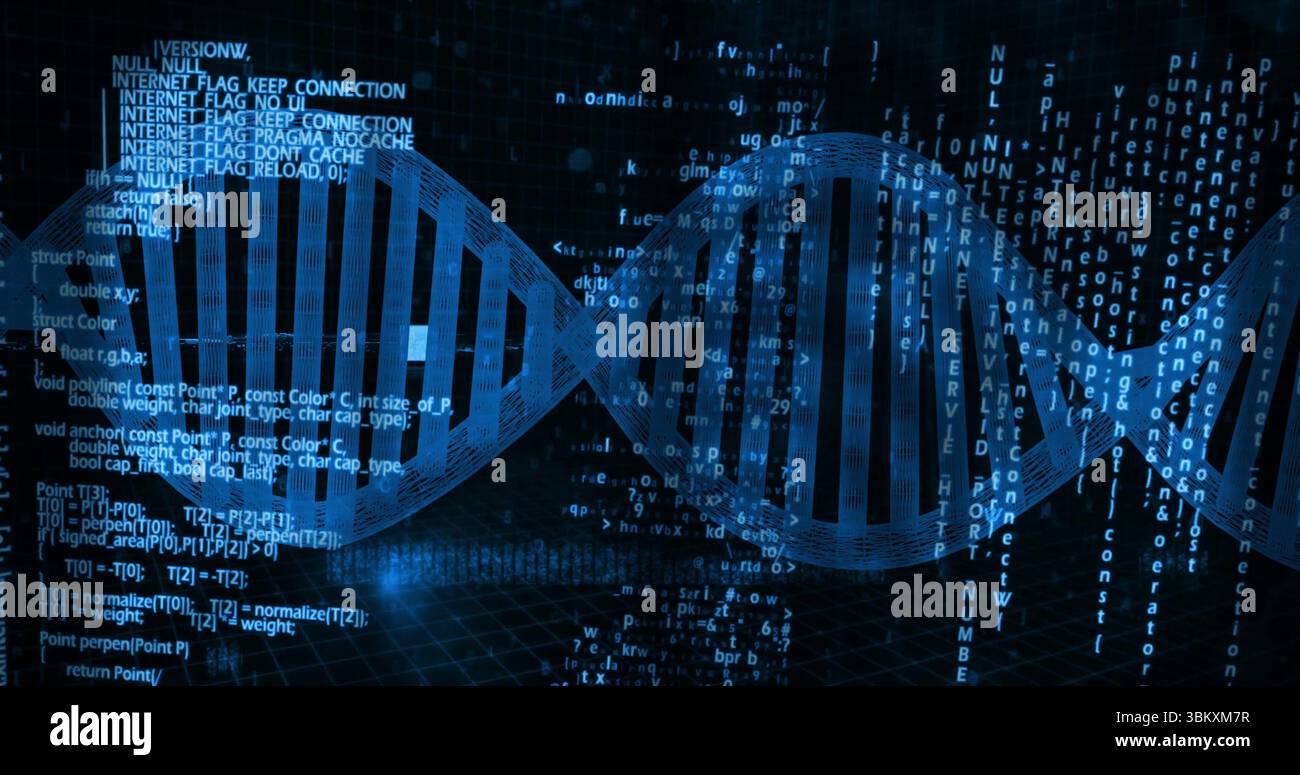 Glowing stylized DNA double helix rotating above grid floor, with floating code snippets Stock Photo