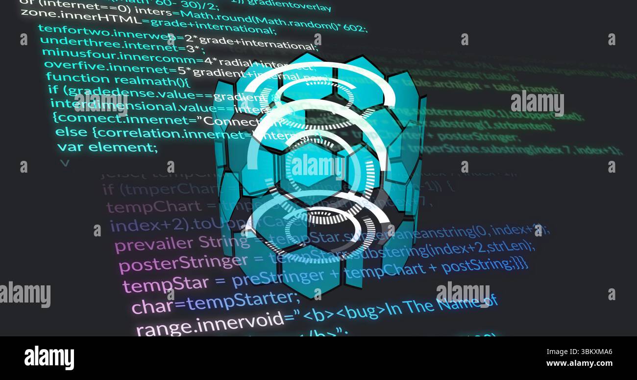 Projecting holographic hexagon-ring symbol hovering over dashboard, with blurred programming code Stock Photo