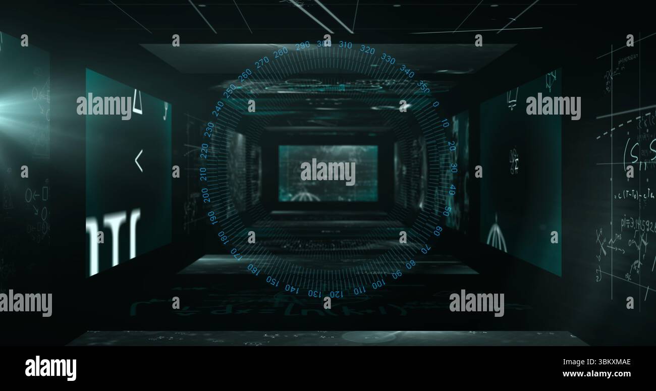 Glowing holographic interface floating inside digital tunnel, with ...