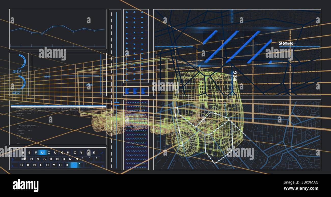 Displaying wireframe forklift model floating in diagnostic interface, with line chart and gauges Stock Photo