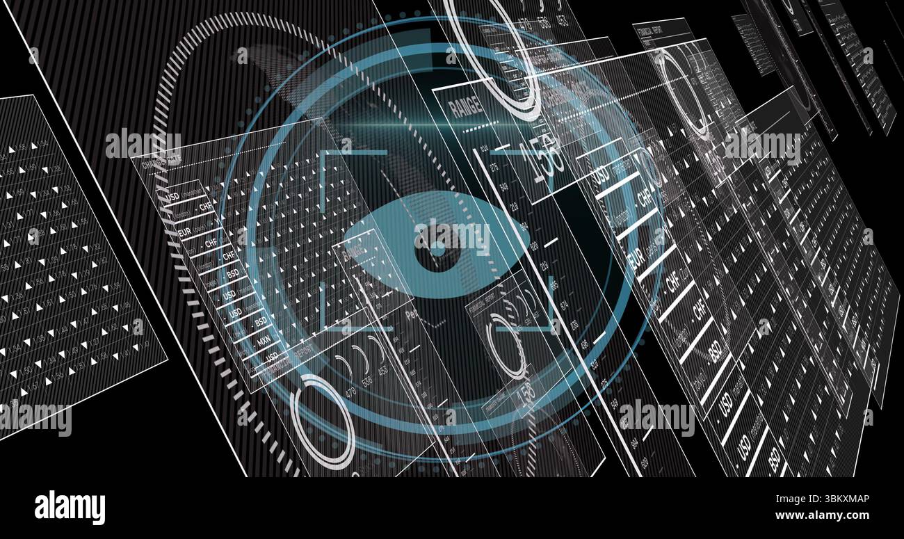 Showing circular eye icon and concentric rings hovering in data interface, with floating panels Stock Photo
