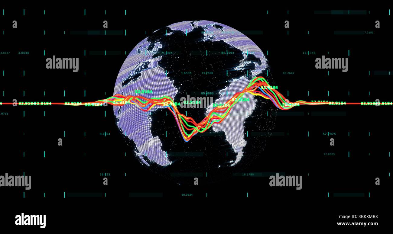 Showing digital globe floating in cyberspace with multicolor waveform, numeric values and cyan bars Stock Photo