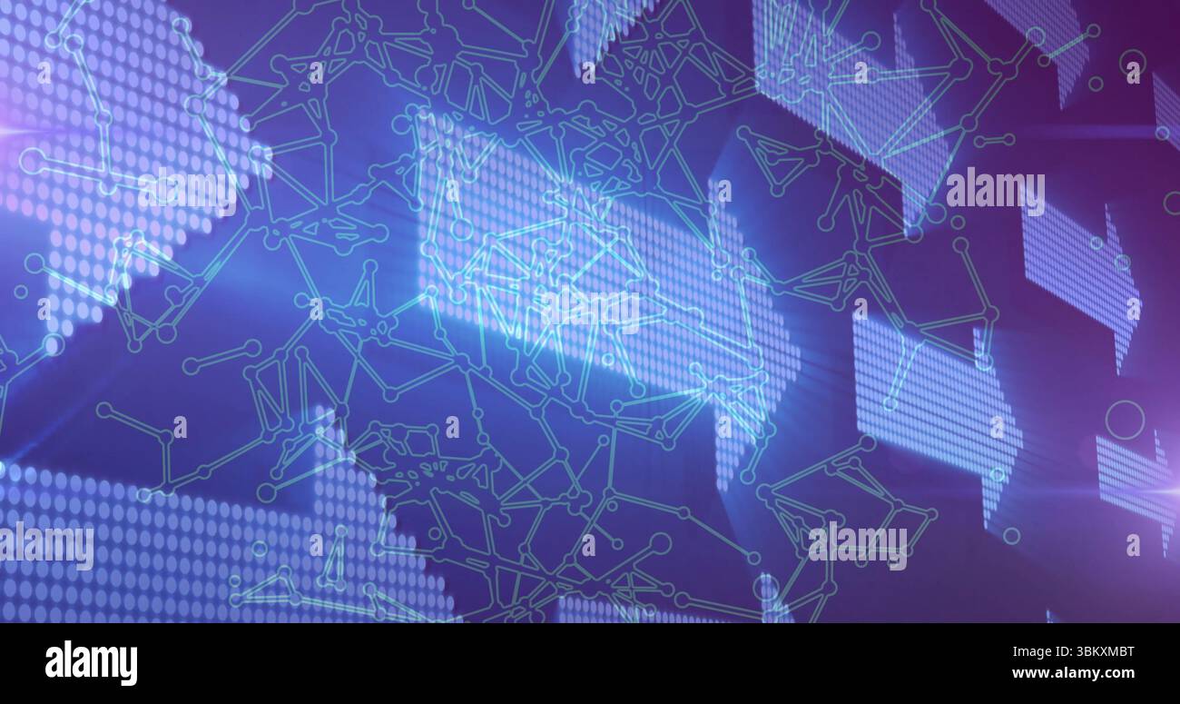Showing dotted world map overlaying data visualization, connecting nodes and glowing arrows Stock Photo