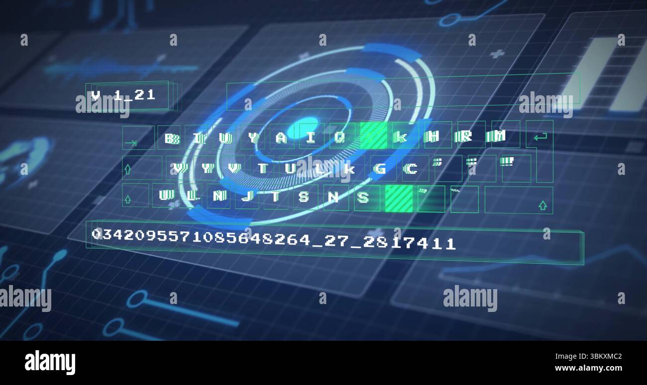 Displaying interface HUD, with translucent keyboard, concentric target, code string, grid circuits Stock Photo