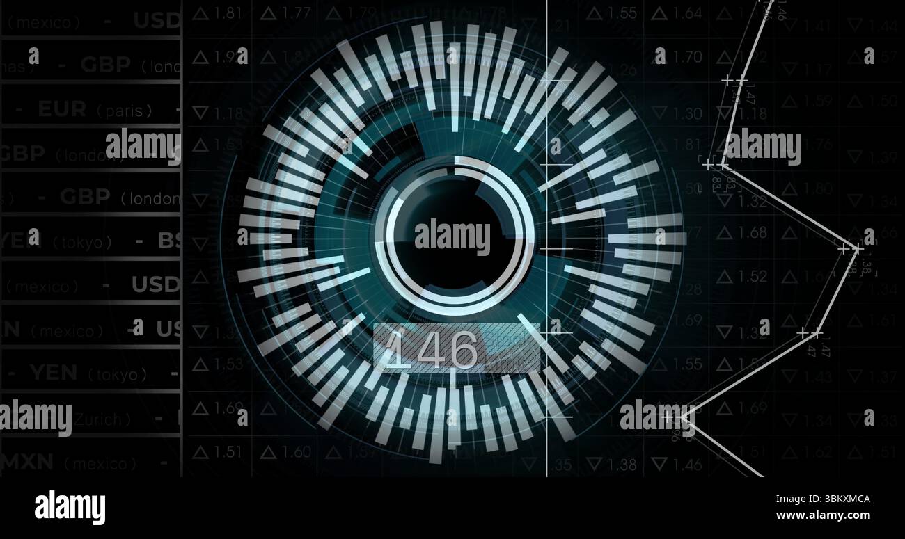 Displaying circular HUD with rings streaming data on panel, with ...