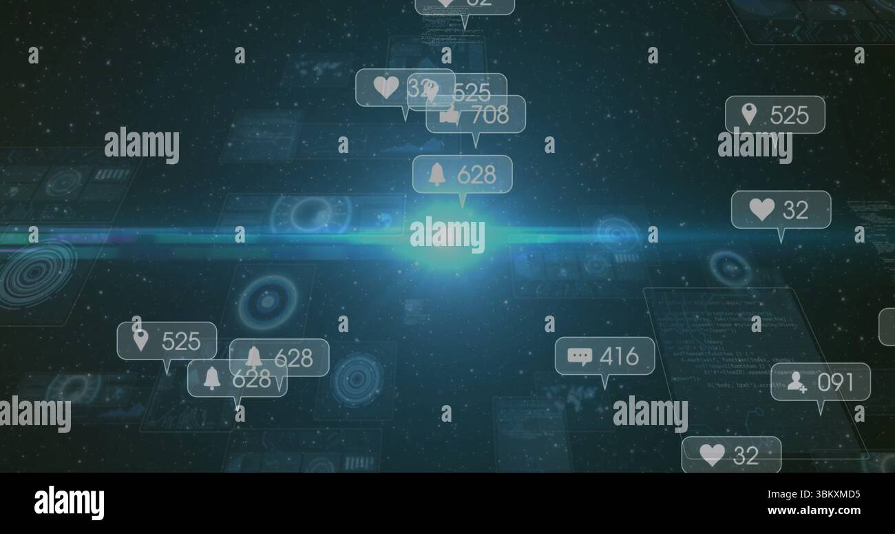 Notification icons and HUD glowing and hovering in virtual interface, with notification counts Stock Photo