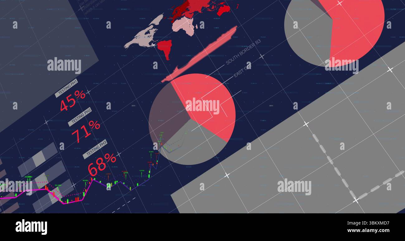 Displaying analytics dashboard on dark navy background, with pie charts, world map and line chart Stock Photo