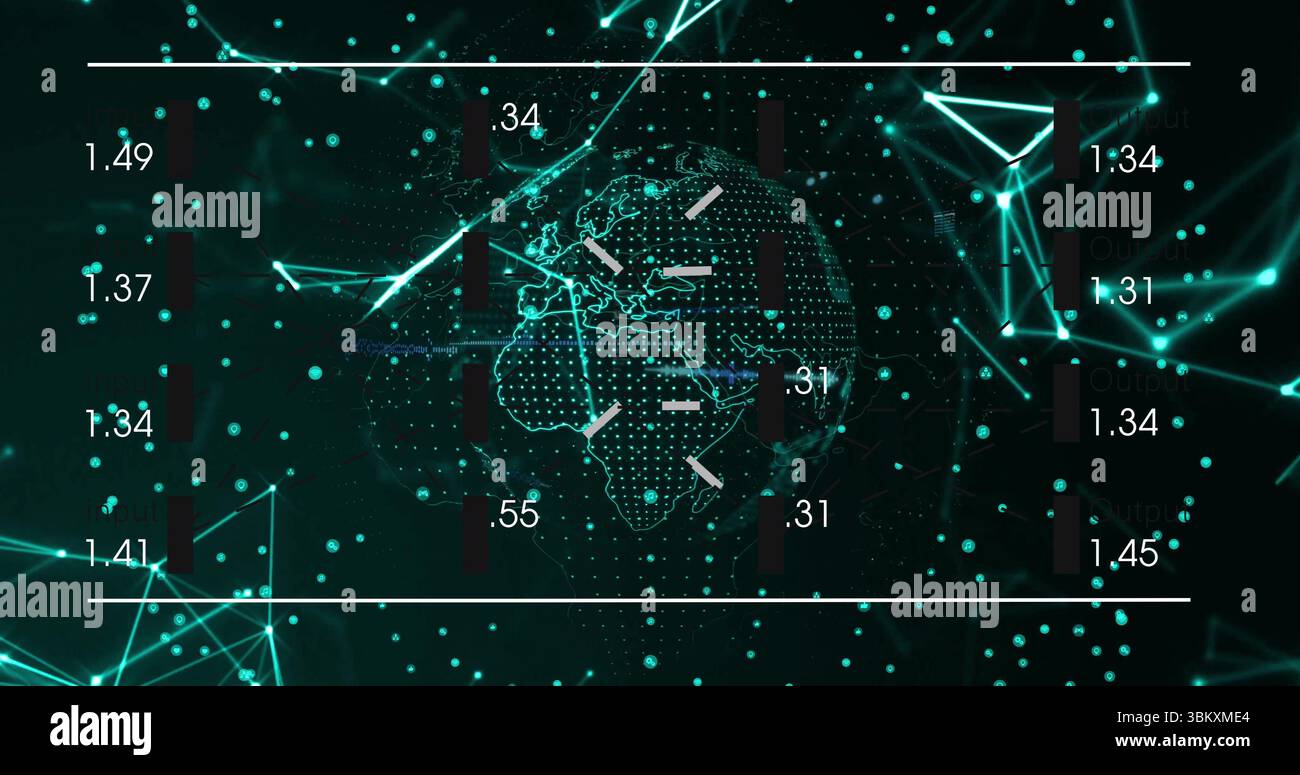 Showing wireframe globe rotating at network panel, with numeric labels, arrows and bars Stock Photo