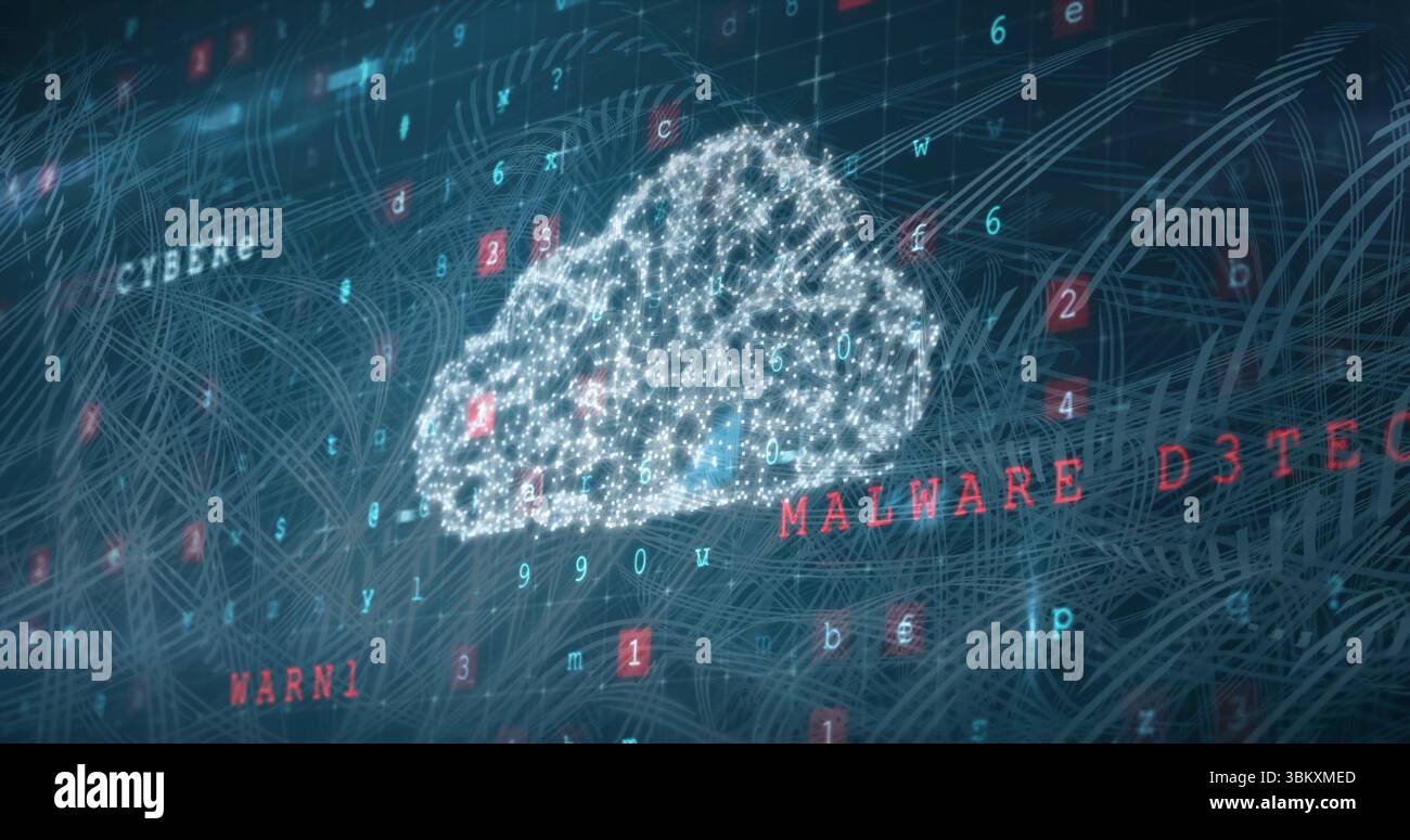 Floating cloud icon amid drifting letters and numbers among network lines, with MALWARE D3TECT Stock Photo