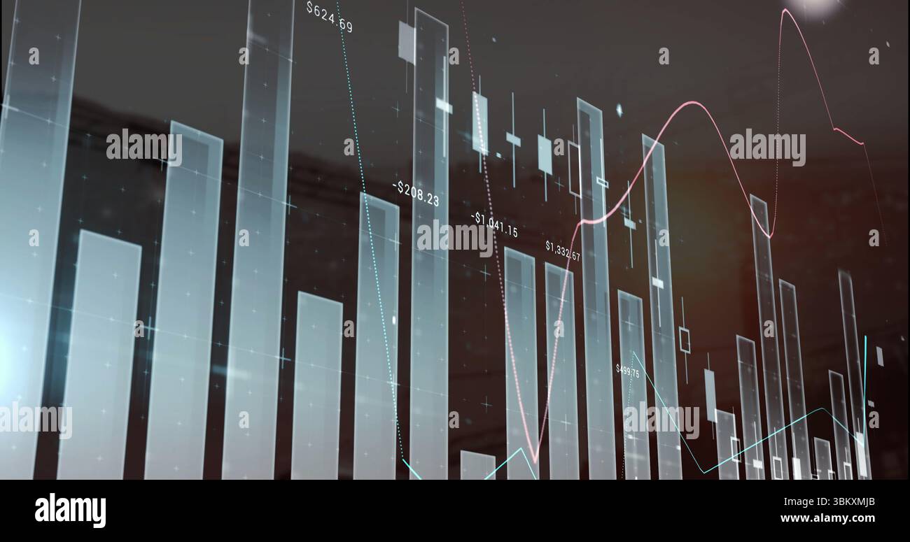 Translucent 3D bar chart showing floating numeric labels in digital panel, with colored trend lines Stock Photo