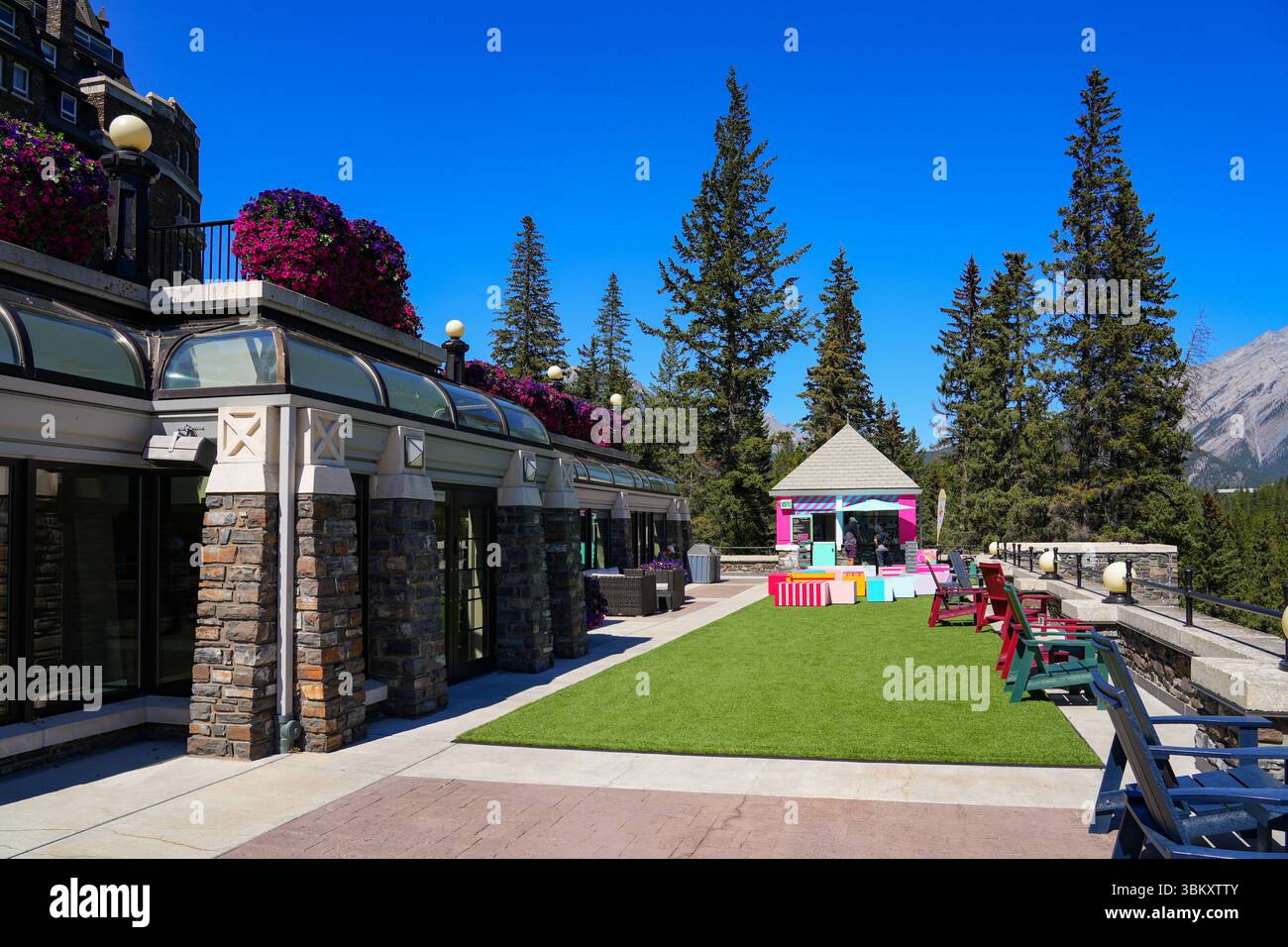 Terrace of Banff Springs Hotel, a historic châteauesque hotel located ...