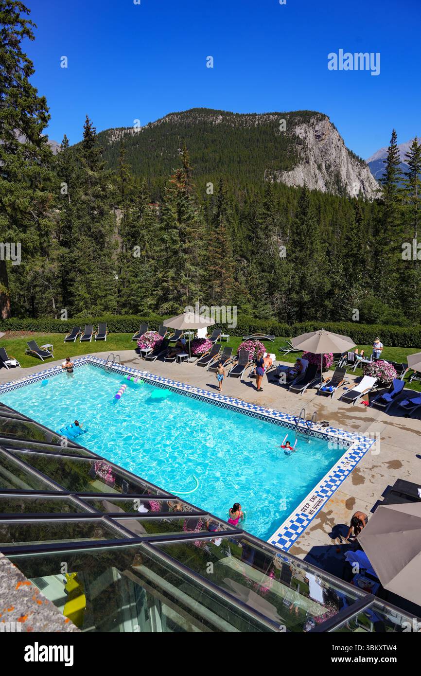 Swimming pool of Banff Springs Hotel, a historic châteauesque hotel ...