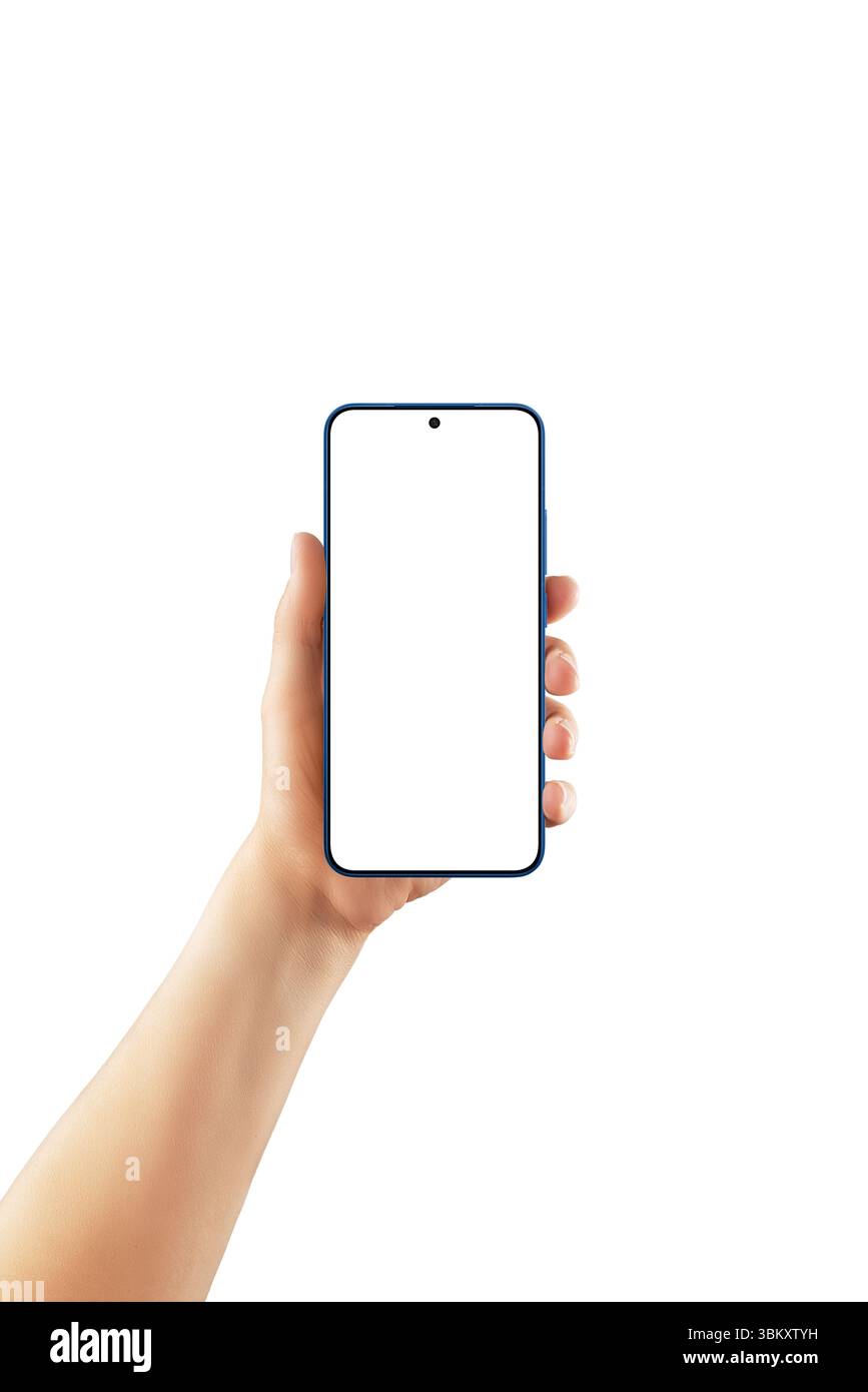 Female hand holding modern smartphone with centered camera and blank ...