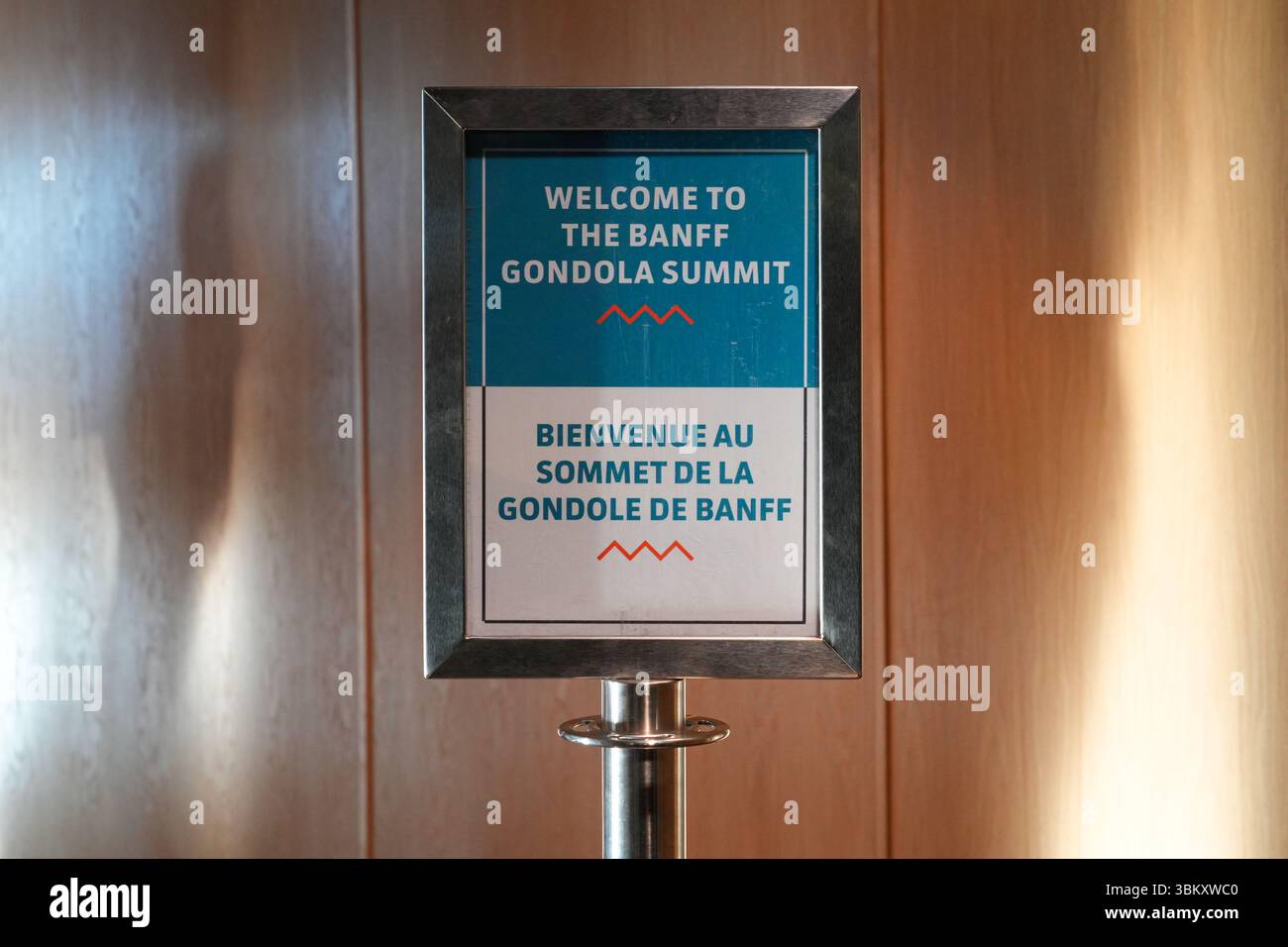 Welcome sign in the upper terminal of the Banff Gondola cable car on ...