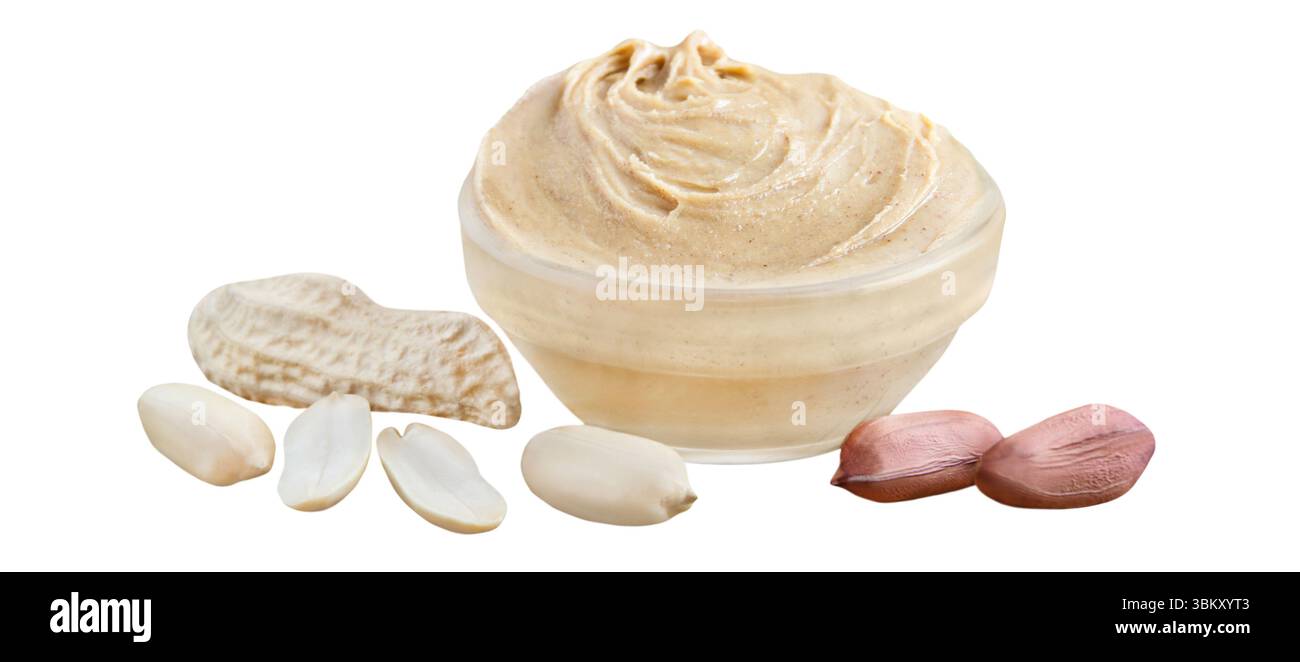 Peanut butter and nuts isolated on white background Stock Photo