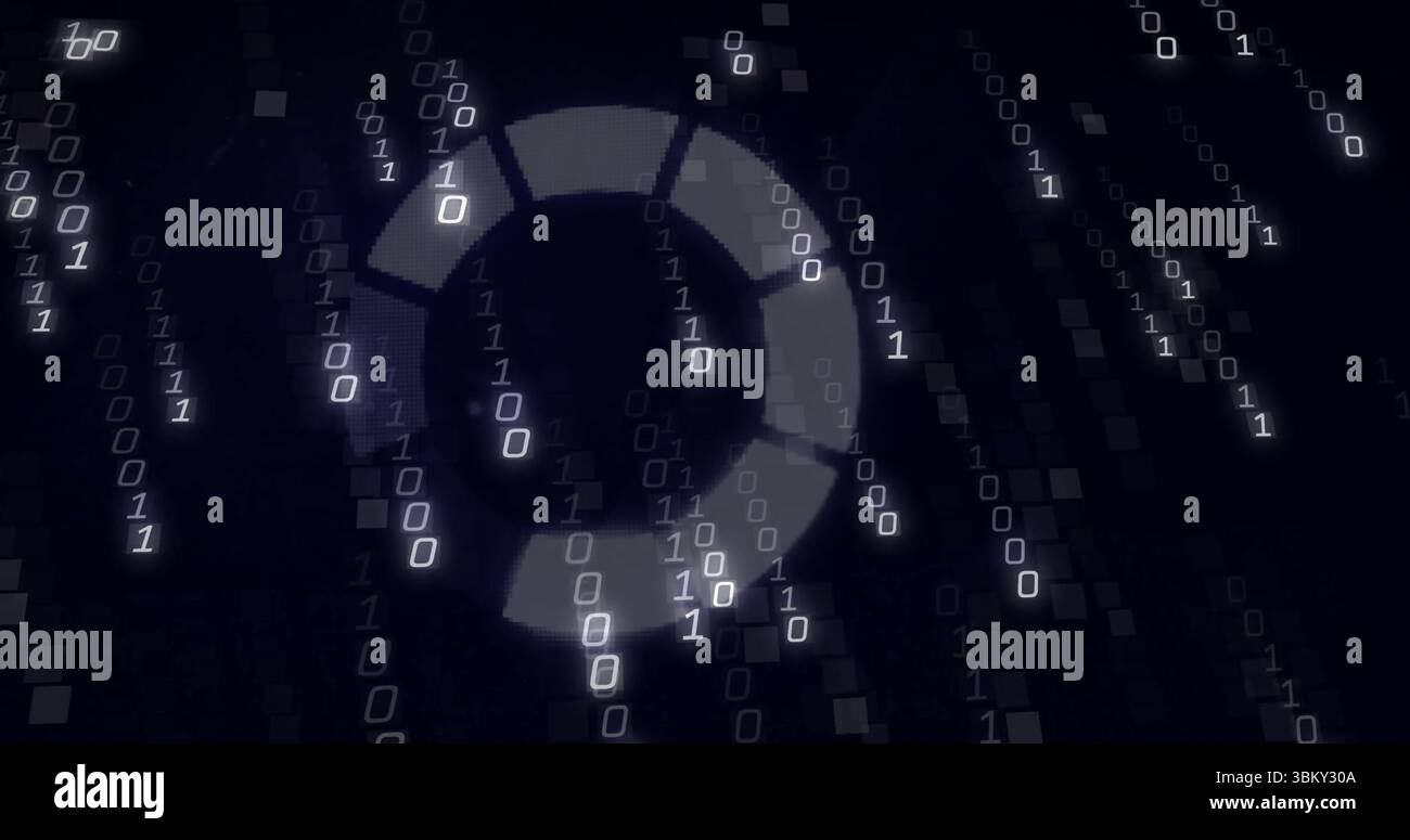 Showing glowing segmented loading ring within digital visualization with binary digits and pixels Stock Photo