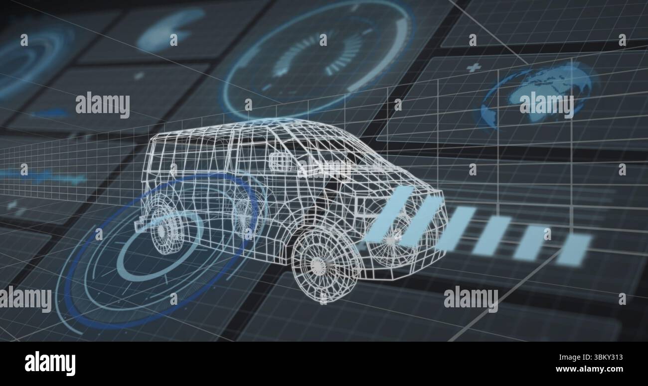 Floating wireframe van model hovering above grid floor in virtual 3D space, with interface panels Stock Photo