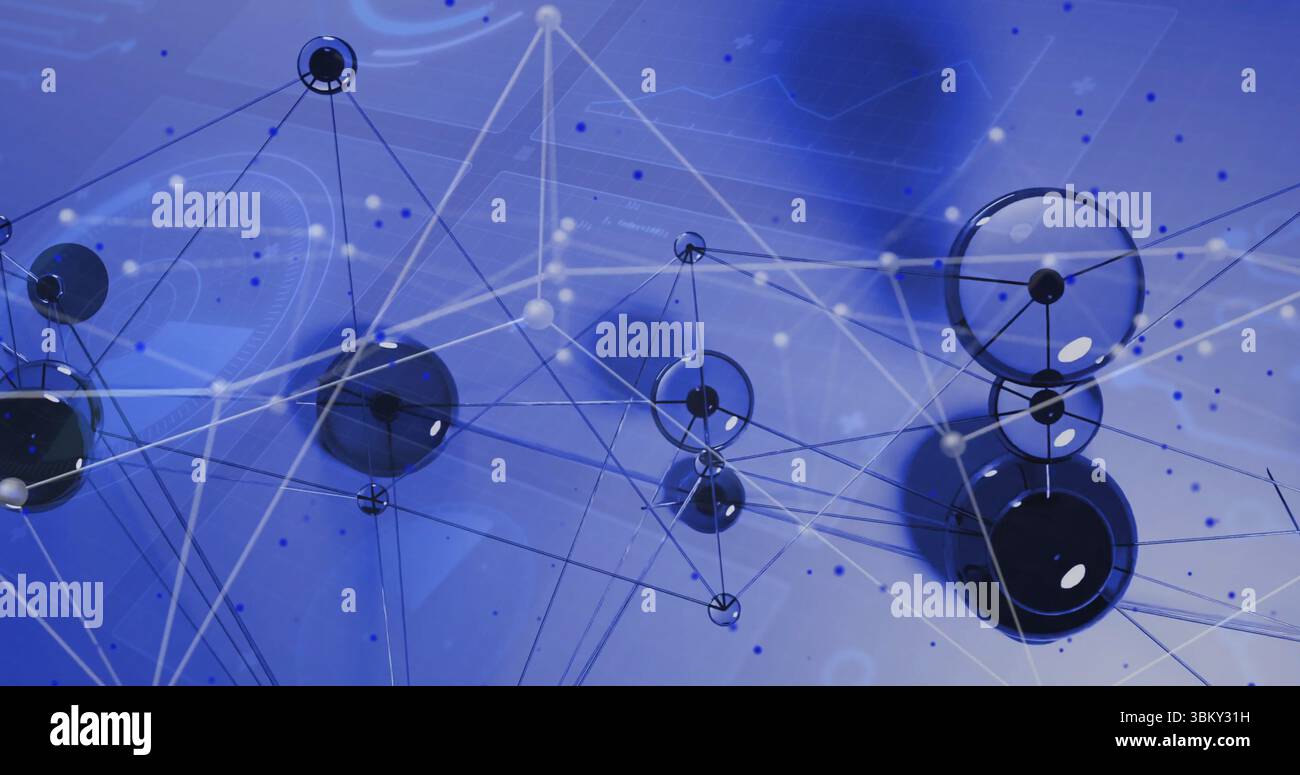 Connecting translucent nodes with connectors forming web in virtual space, highlighting data points Stock Photo