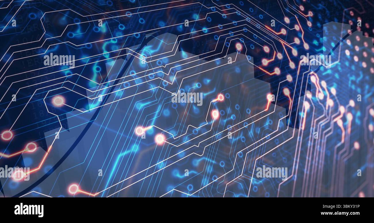 Displaying traces forming glowing pathways and nodes in virtual schematic with holographic overlays Stock Photo