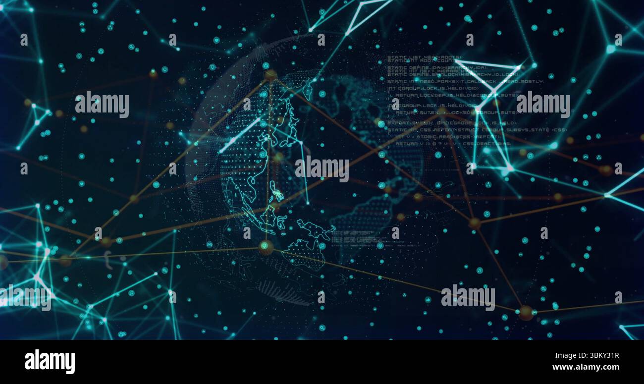 Displaying wireframe globe spinning in cyber network with teal nodes, data points and code snippets Stock Photo