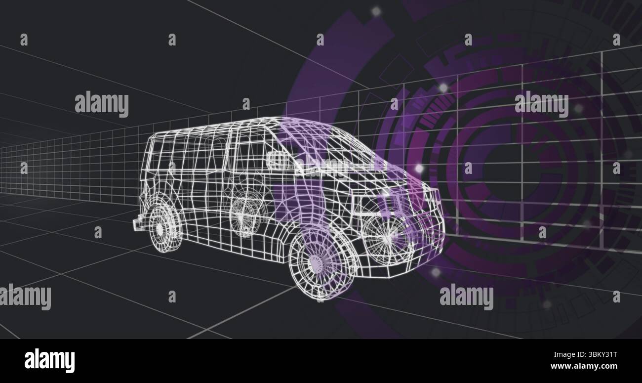 Displaying wireframe van model sitting on grid plane in 3D workspace, with purple HUD interface Stock Photo