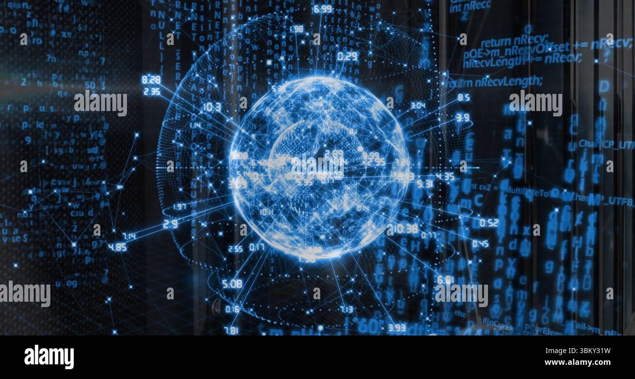 Projecting holographic globe illuminating 3D data visualization, sending code fragments and metrics Stock Photo