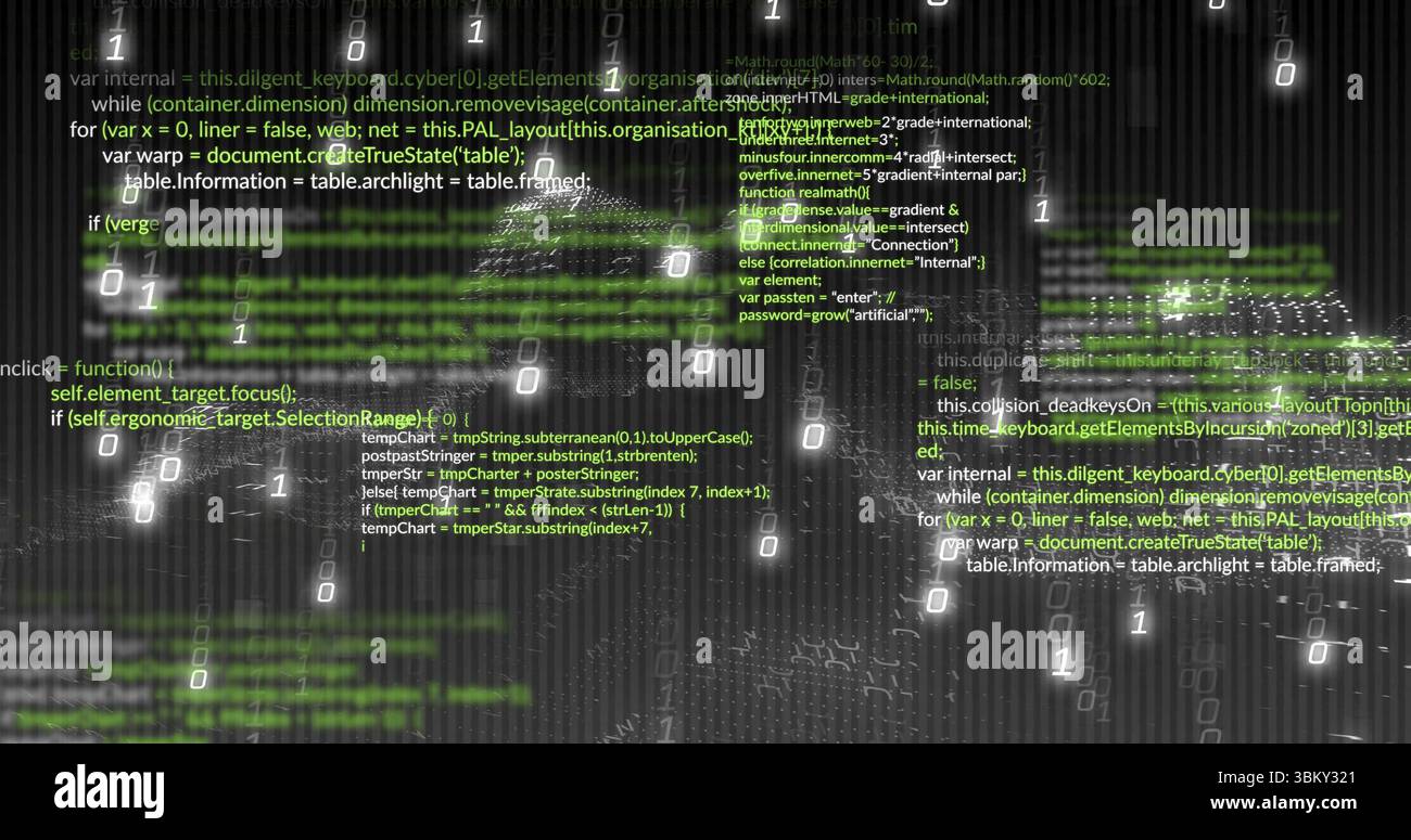 Streaming green and white code fragments across dark grid in virtual interface, with binary digits Stock Photo