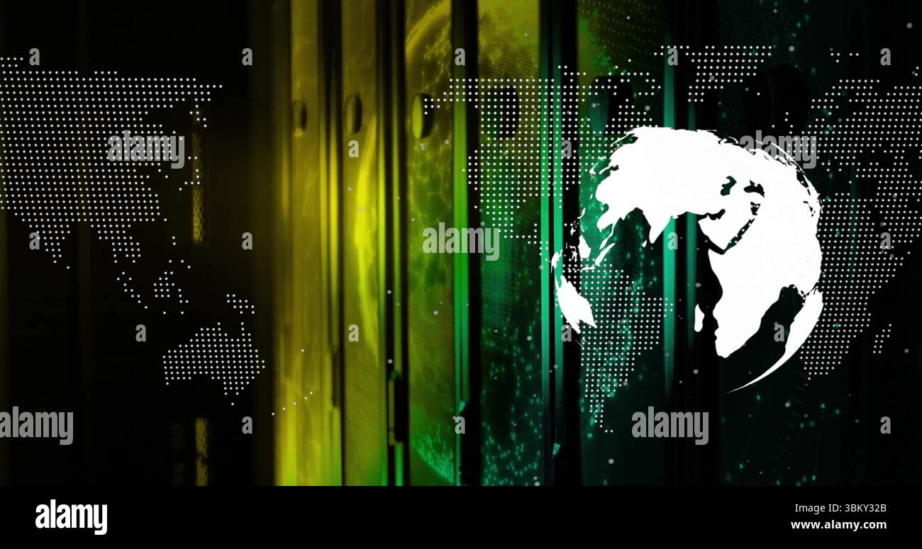 Displaying solid white globe hovering in virtual data interface, with dotted world map, copy space Stock Photo