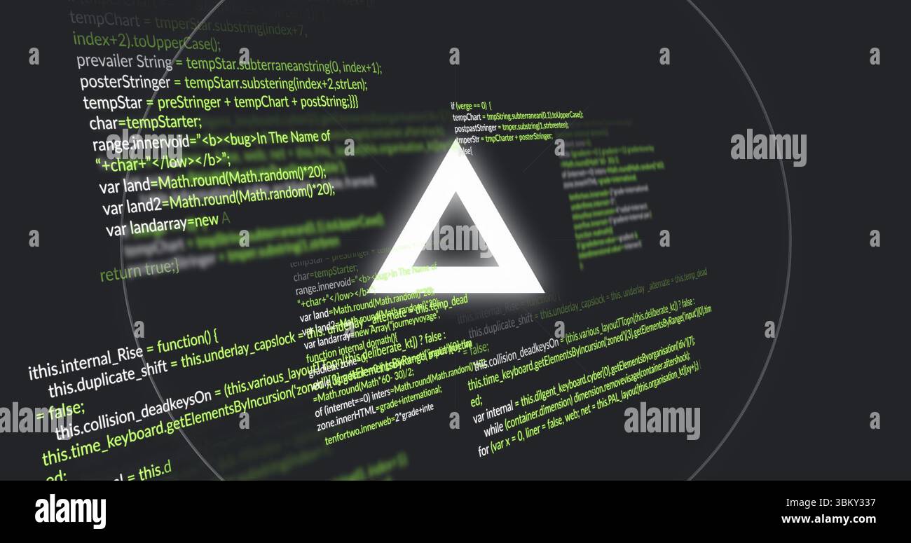 Glowing triangle symbol emitting halo effect in dark code interface, with green code text Stock Photo