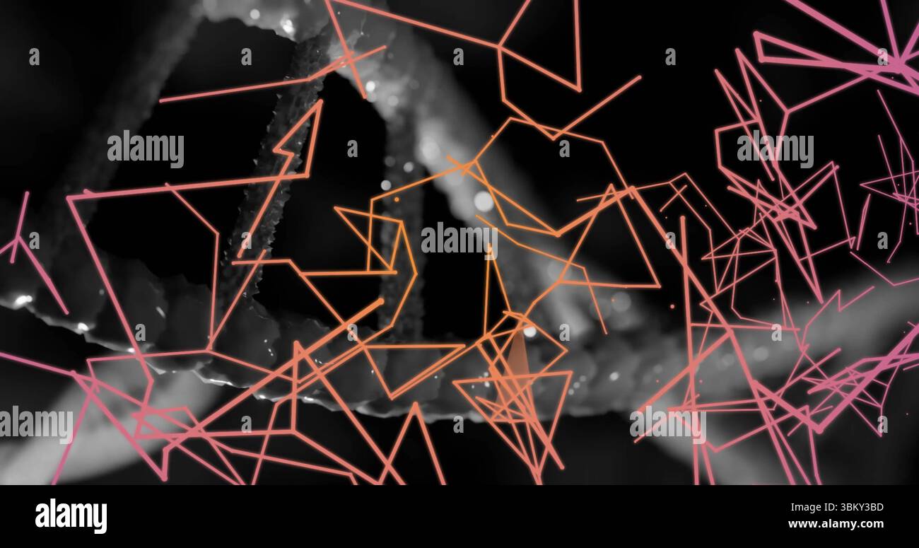 Displaying abstract polygonal mesh in digital scene, with neon triangular lines and blurred forms Stock Photo