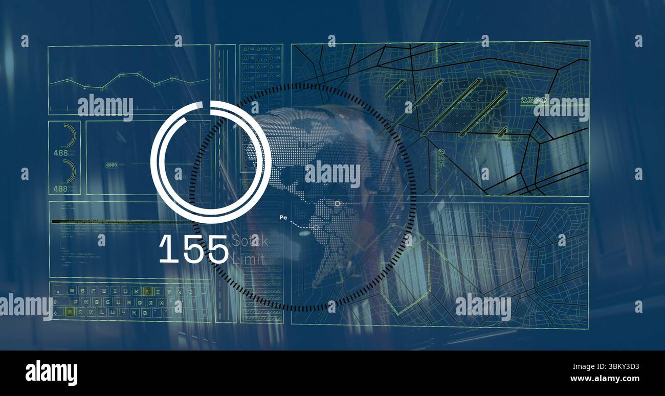 Displaying stylized pixelated globe pulsing inside dotted ring at console, with stock limit readout Stock Photo