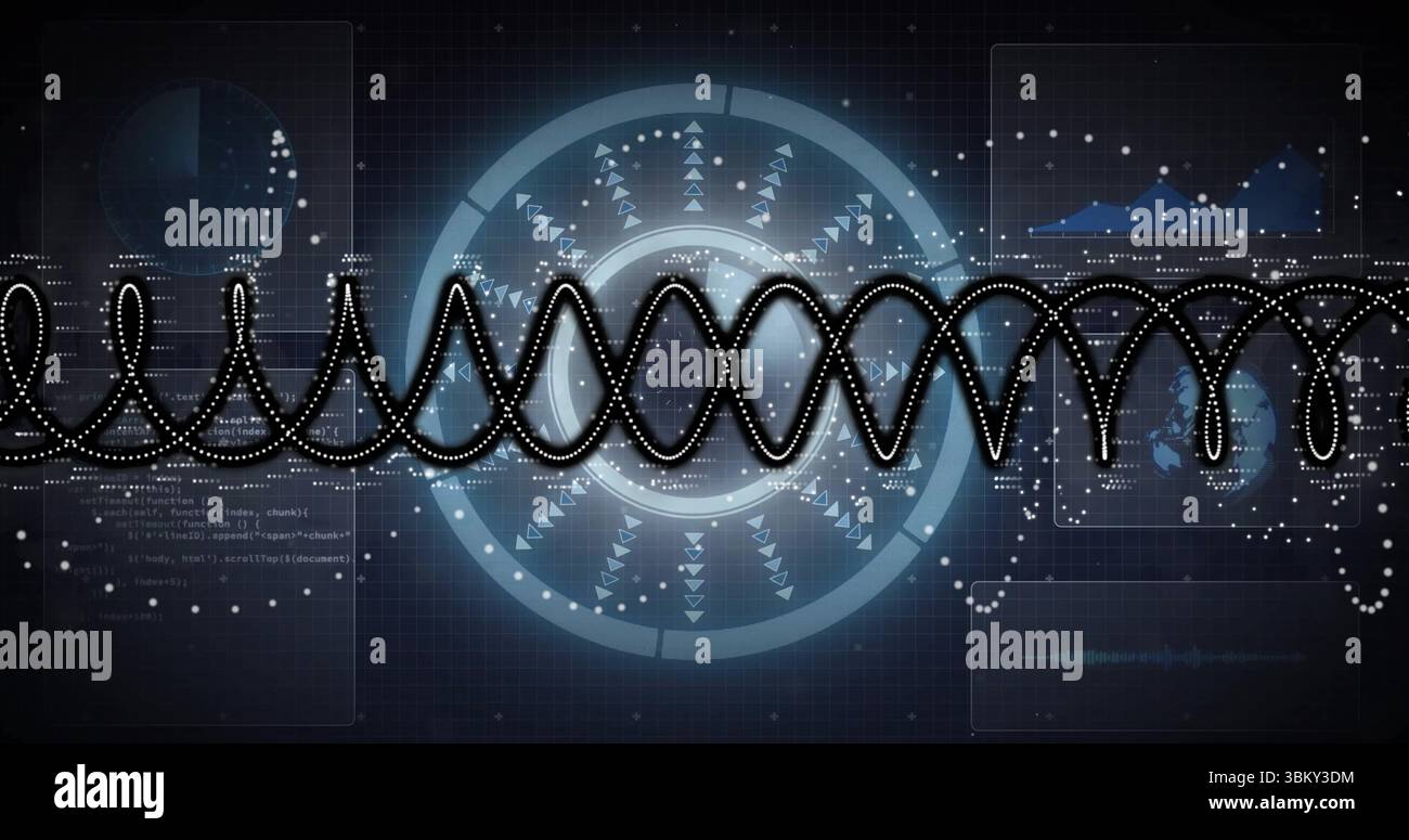 Displaying dotted sine-wave across virtual interface grid, with circular HUD, code panels and map Stock Photo