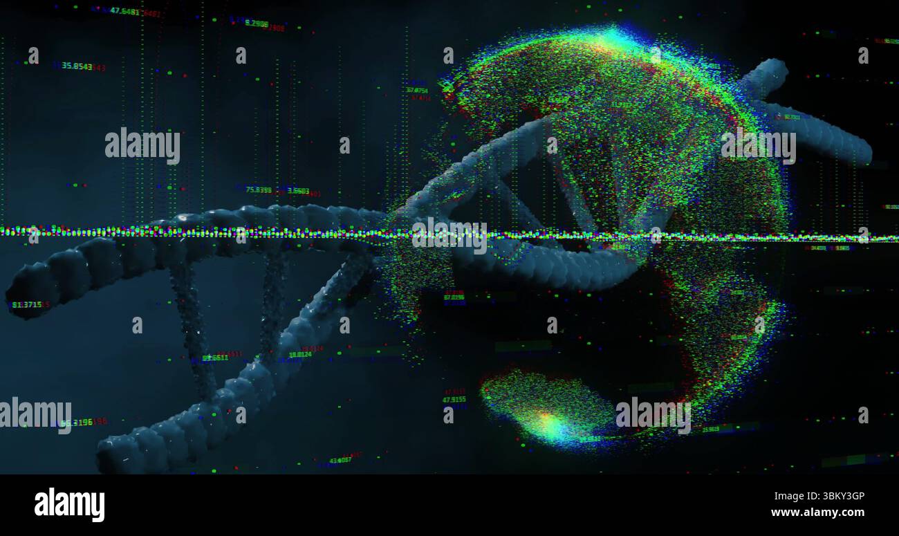 Twisting DNA helix turning through data space with particle field and data line with numeric labels Stock Photo