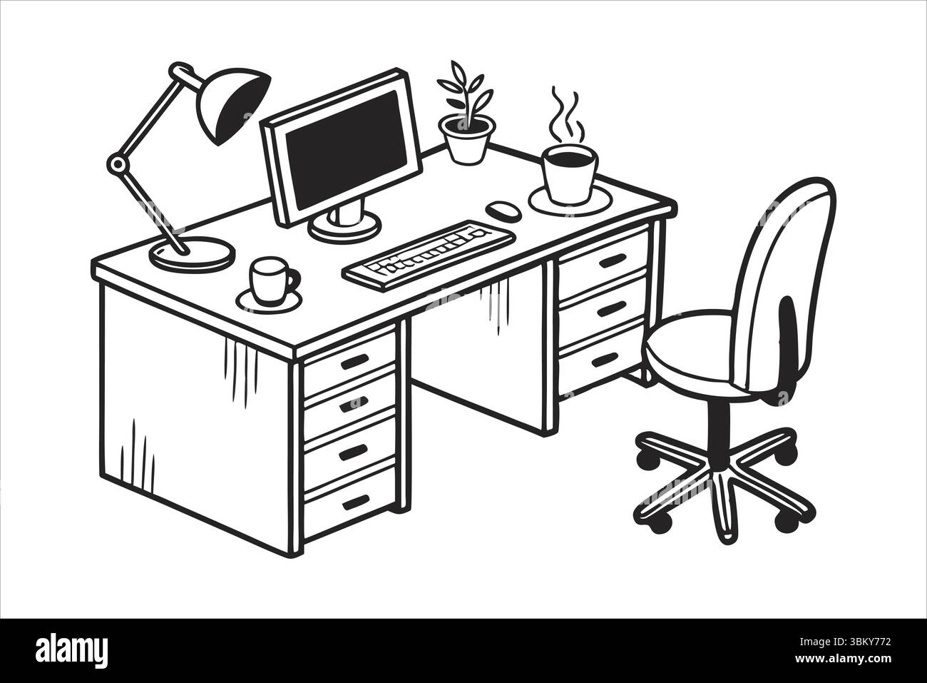 Home Office Desk Workspace Silhouette - Remote Work Setup Stock Vector