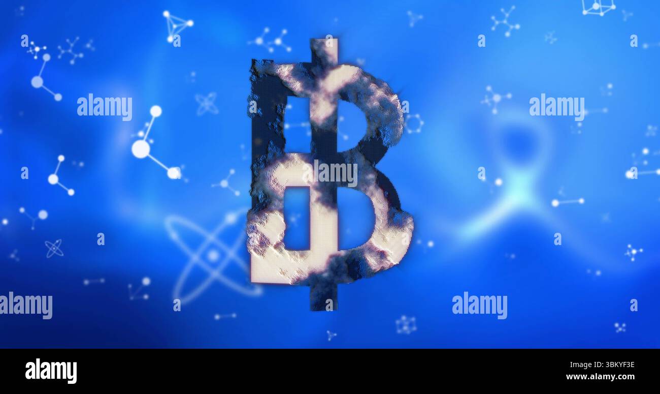 Displaying textured Bitcoin symbol hovering in virtual space, glowing molecular structures merging Stock Photo