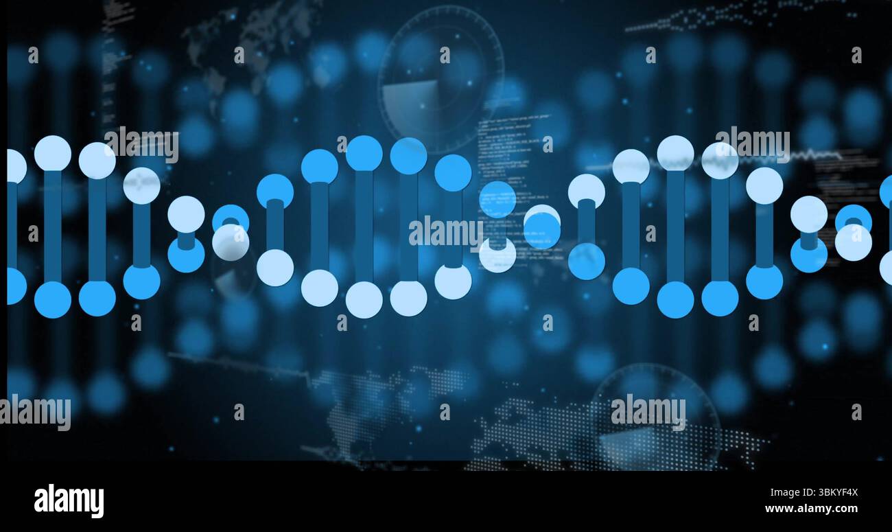 Displaying DNA double helix at virtual interface with bokeh lights, code, world map and UI overlays Stock Photo