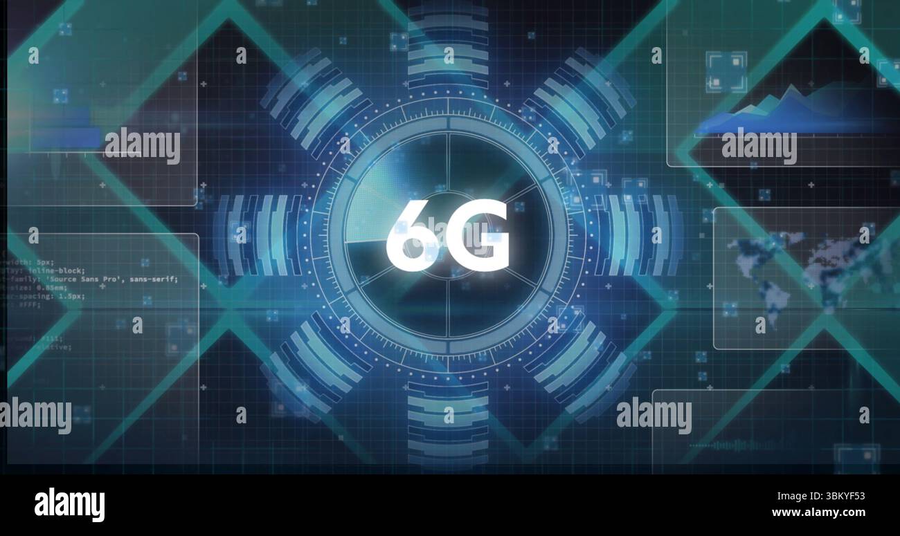 Displaying 6G circular HUD on virtual dashboard, with hexagonal grid and radial data bars Stock Photo