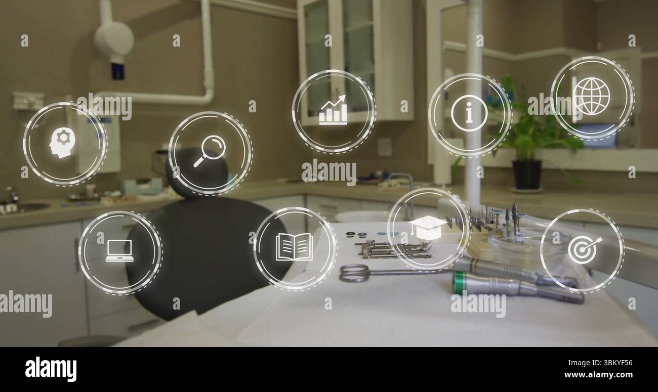 Displaying dental tray with handpieces, probes and mirror in exam room with icons, copy space Stock Photo