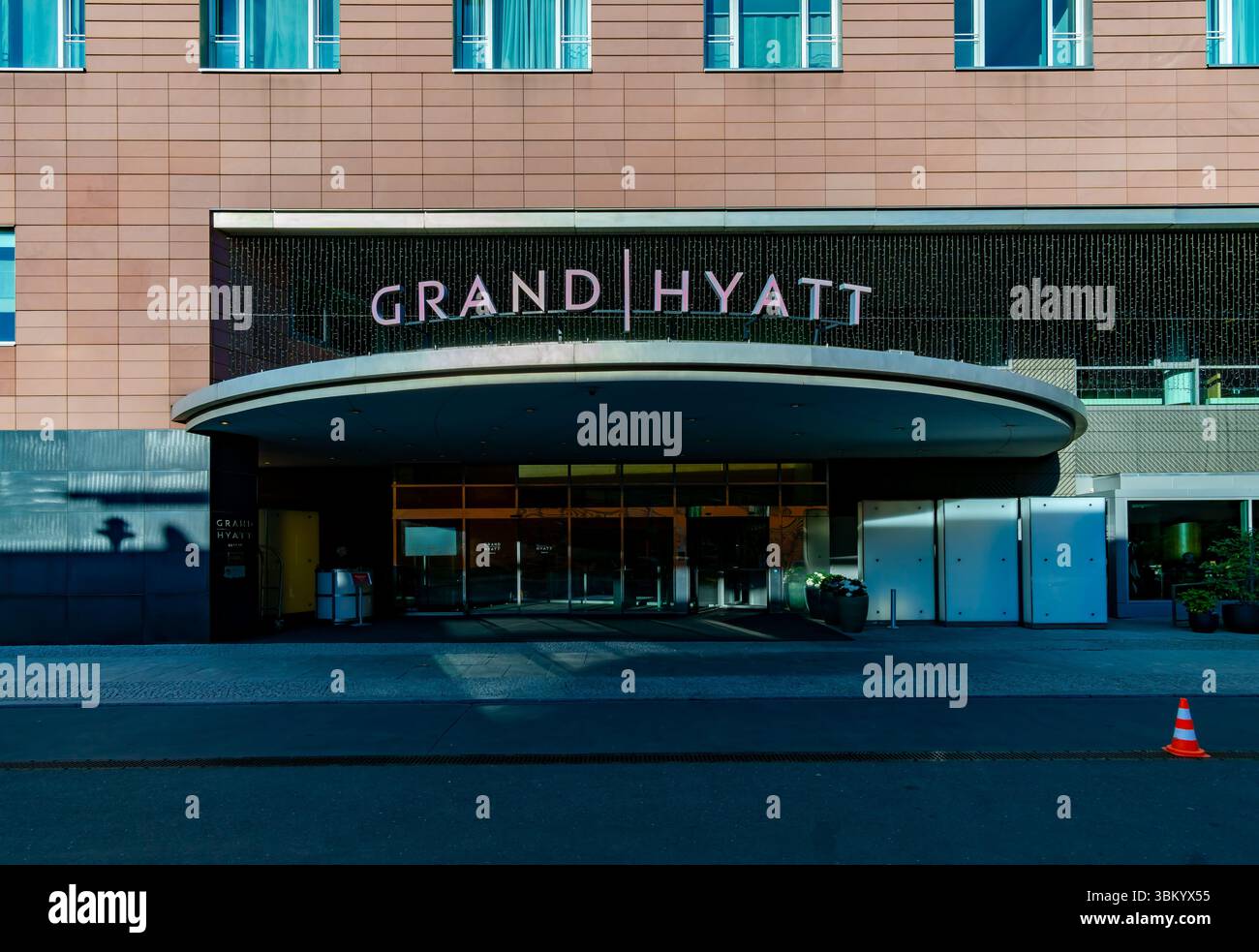 Front view of the Grand Hyatt Hotel at Potsdamer Platz in Berlin, a luxury five-star hotel in the city s business district. Stock Photo