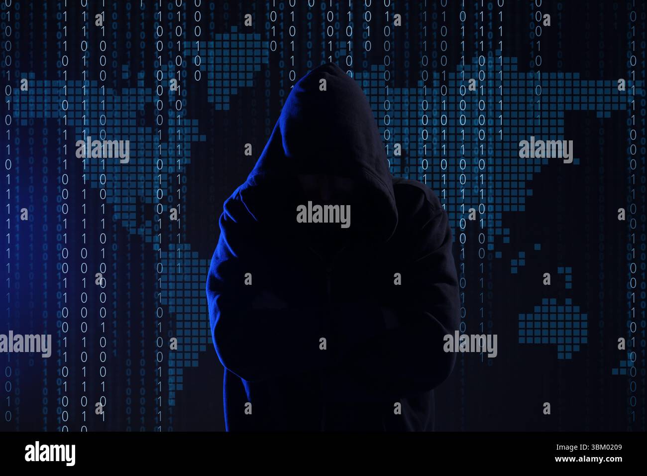 Cyber attack. Anonymous hacker against virtual world map and binary code Stock Photo
