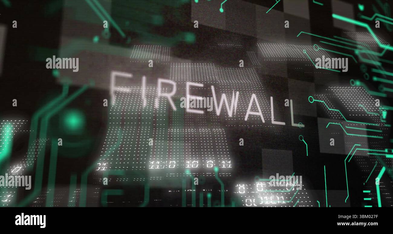 Displaying FIREWALL with floating dot matrix blocks and neon-green circuitry in network interface Stock Photo