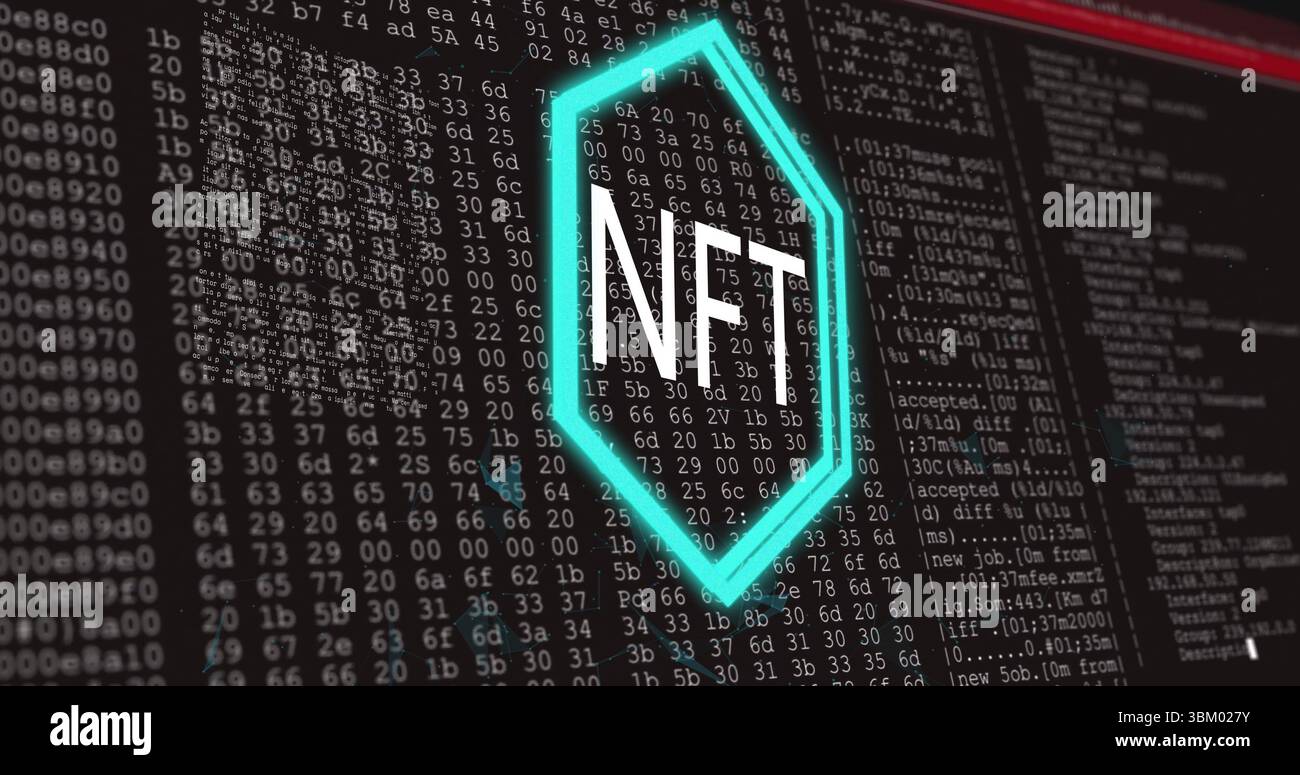Displaying glowing neon green hexagon with NFT letters on software dashboard, with code and logs Stock Photo