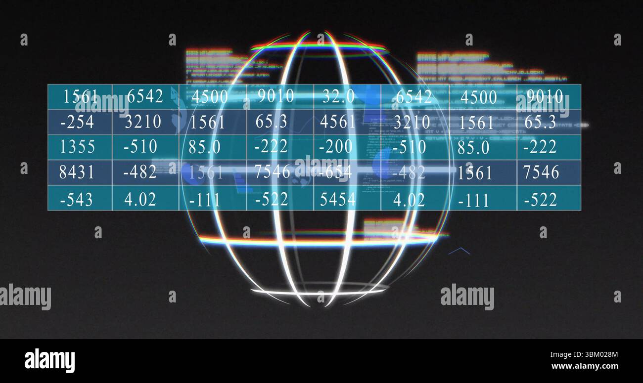 Displaying translucent globe rotating on screen, with teal-blue matrix and glitch code fragments Stock Photo