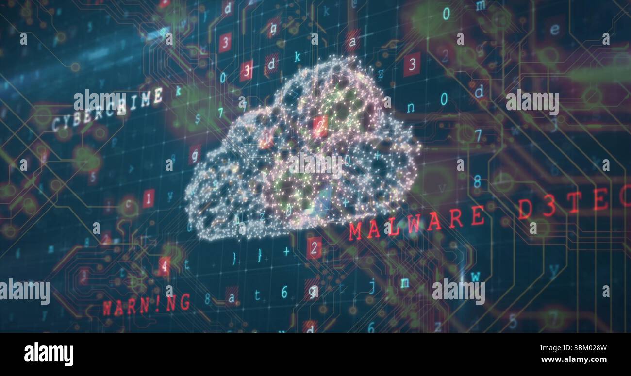 Streaming code around glowing cloud icon on screen showing CYBERCRIME or WARNING or MALWARE D3TECT a Stock Photo