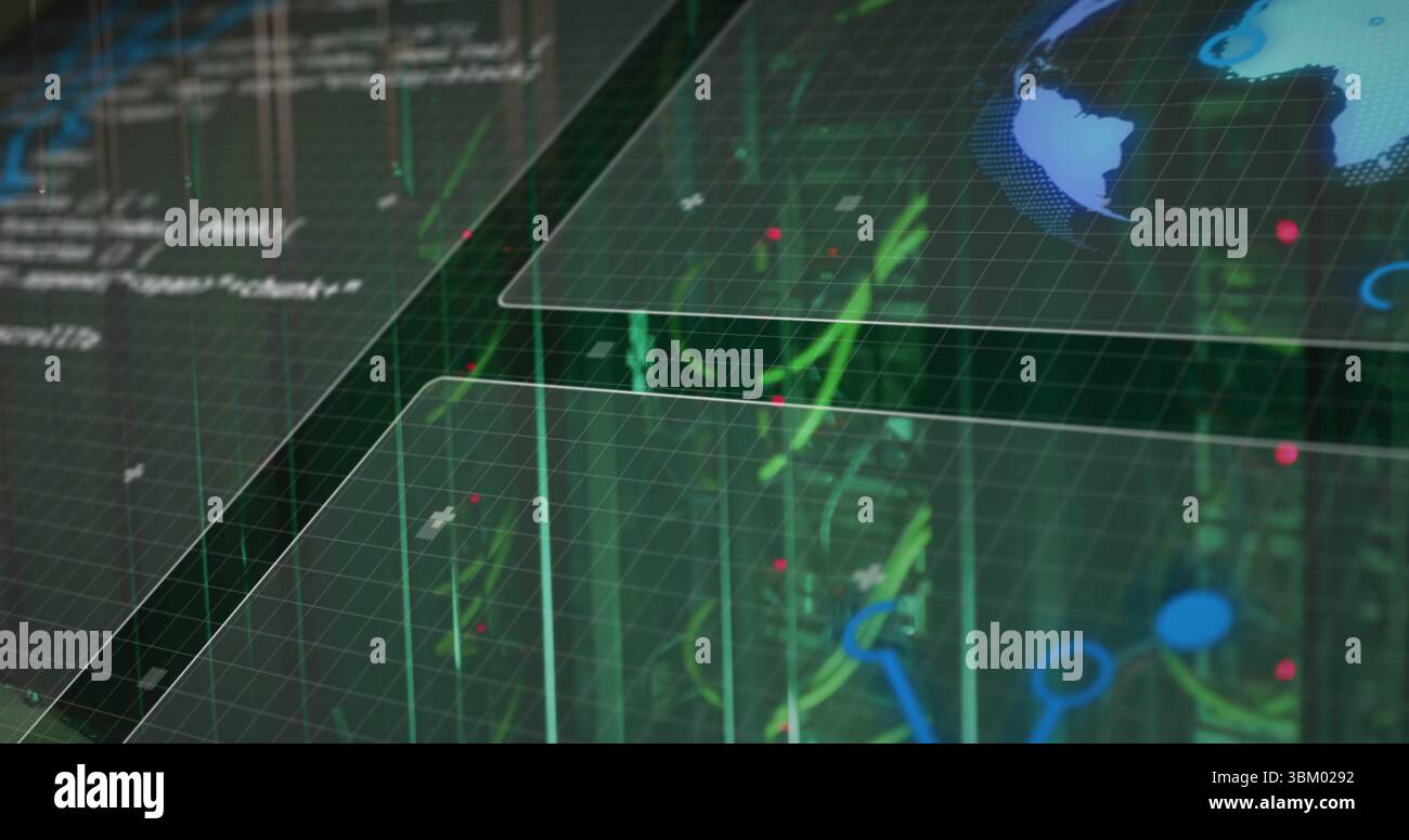 Displaying interface overlaying grid planes with scrolling code, neon circuits, red nodes Stock Photo
