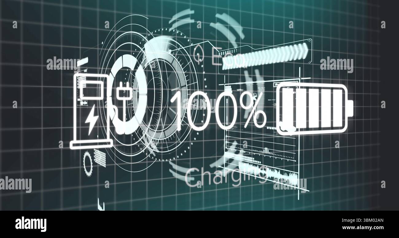 Displaying charging dashboard overlaying grid featuring circular progress, 100% text and pump icon Stock Photo