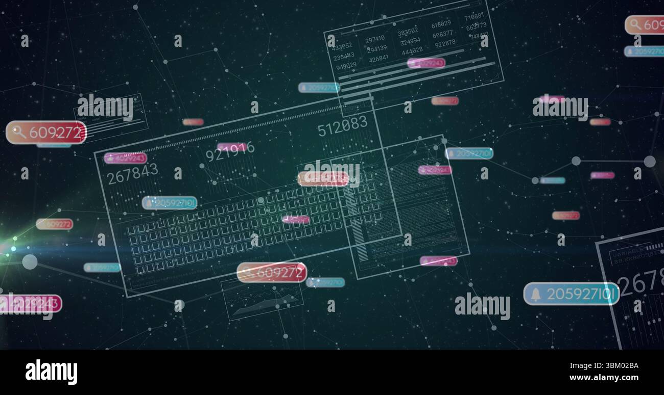 Displaying translucent keyboard blueprint in network grid, with UI panels, numeric labels and nodes Stock Photo