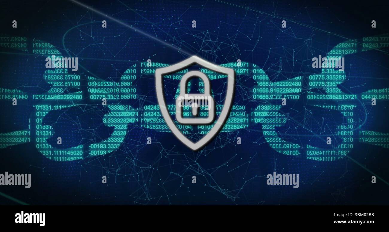 Glowing shield showing padlock symbol on dark blue field, with code streams and network mesh Stock Photo